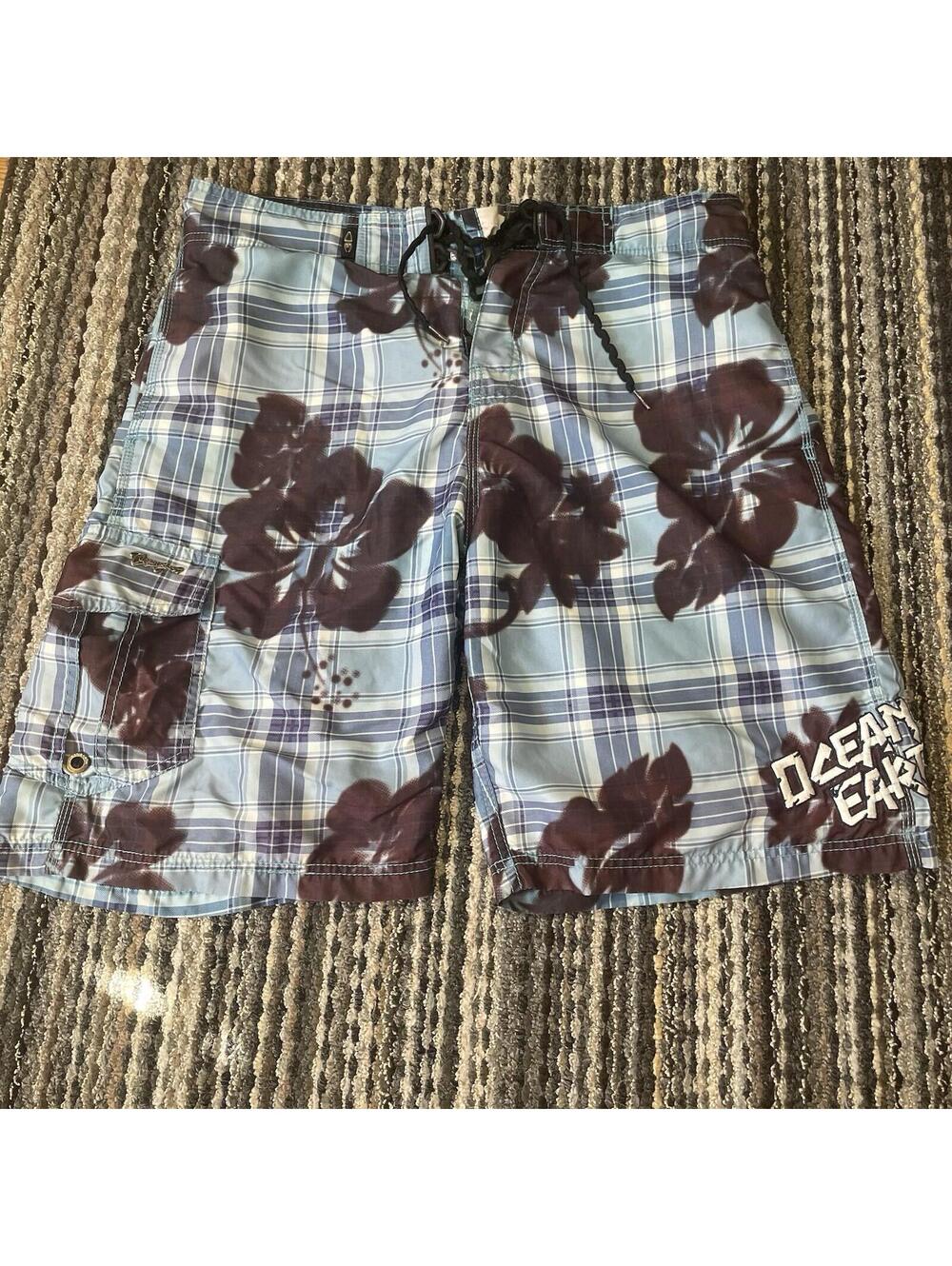 Y2K Ocean Earth Men’s Board Shorts Blue Floral Plaid Embroidered Size L (36)